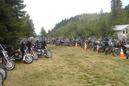 Long lines of motorcycles fill field of grass surrounded by trees.