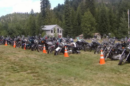 Long lines of motorcycles fill field of grass surrounded by trees.