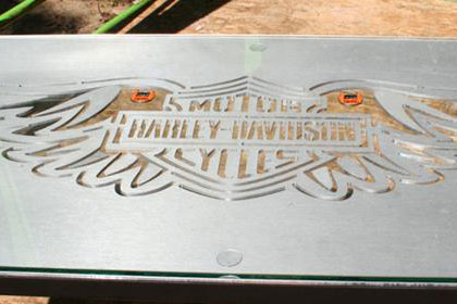 Metal Harley Davidson table for raffle or auction.