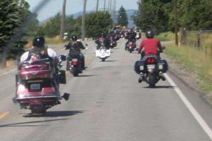 Two lines of motorcycles on road driving away from camera.