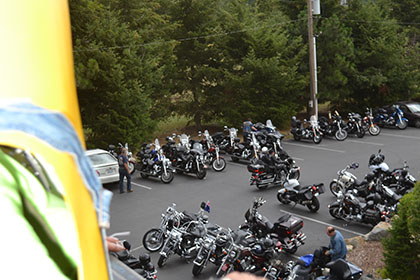 Motorcycles in the parking lot.