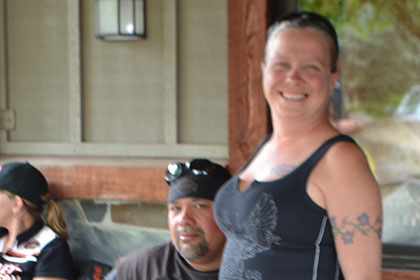 Couple at an outside table.