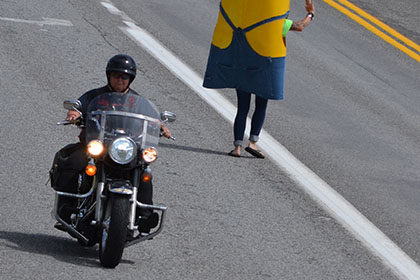 Minion and a couple riders on thier motorcyles.